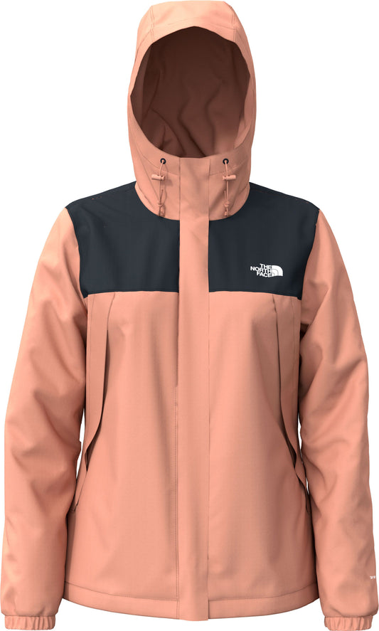 Front view of salmon-colored hooded rain jacket with black color-block at the shoulders.