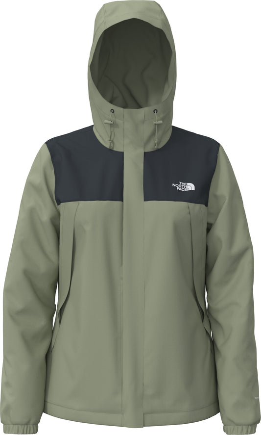 A light green waterproof hooded jacket with black yoke.