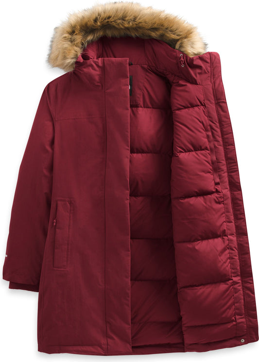 Maroon parka coat with faux fur hood trim and open front.