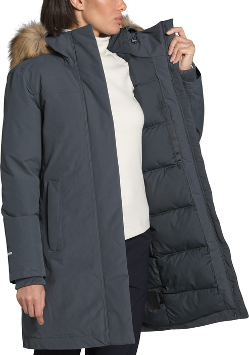 Mid-length down parka in grey with a fur-trimmed hood.