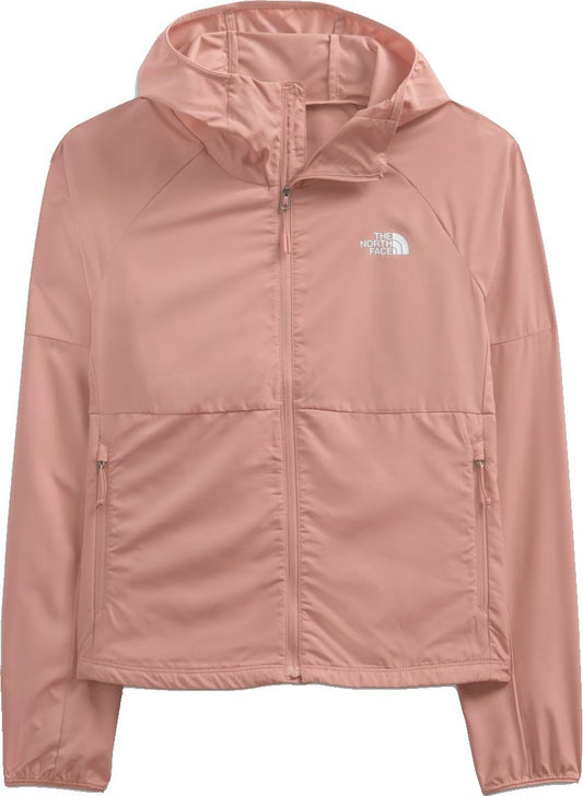 Dusty rose jacket with hood and a zipper.