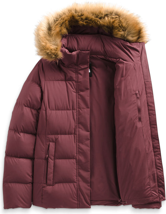 Burgundy puffer coat with faux fur hood, open to reveal lining.