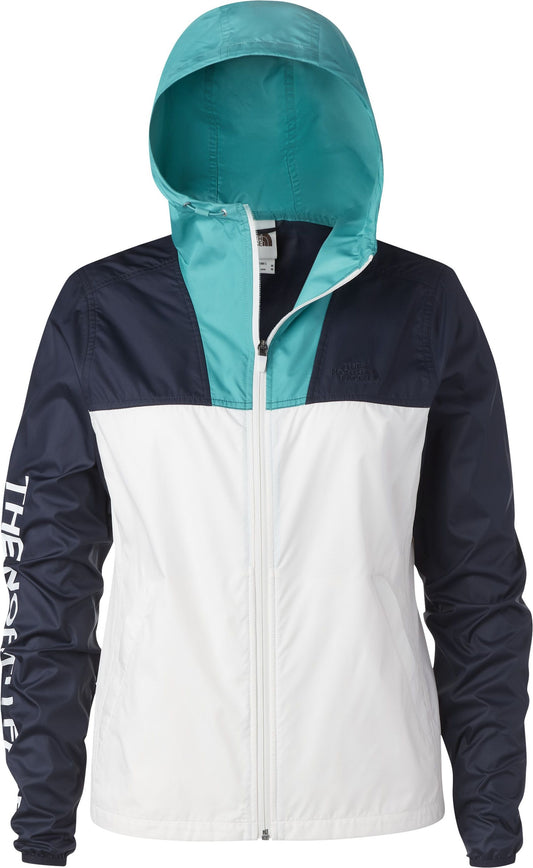 A color-block rain jacket: navy sleeves with white text, a white torso, a navy yoke, and a turquoise hood.