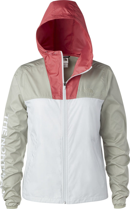 Gray, white, and coral women's hooded jacket with "THE NORTH FACE" written vertically along the left sleeve.