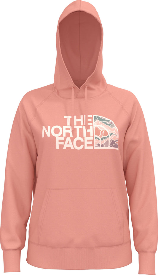 Peach-colored hoodie with white drawstring and the words "THE NORTH FACE" across the chest, the right half of which contains an abstract mountain scene in different shades of gray, white, green, and purple.