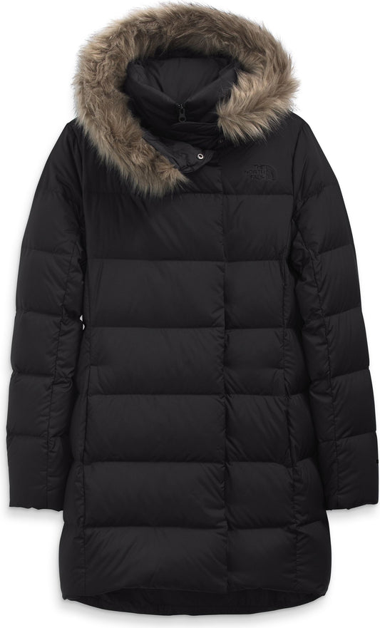 Black winter coat with faux fur hood.