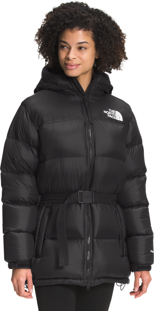 A black puffer coat with a belt and hood.