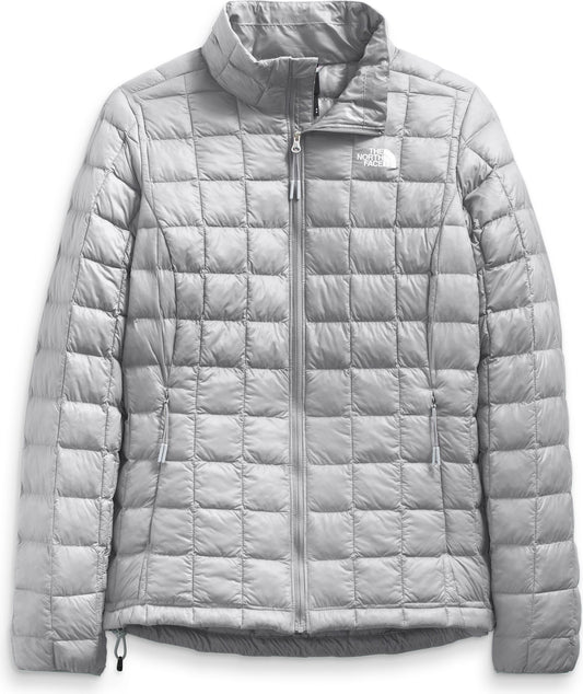 Silver quilted puffer jacket with zip front and stand collar.