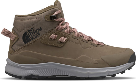 Tan high-top shoe with light pink laces and black logo on side.