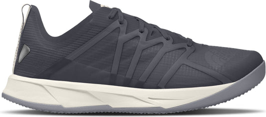A gray running shoe with a white sole.