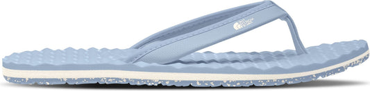 A side-view of a blue flip-flop sandal with a textured sole.