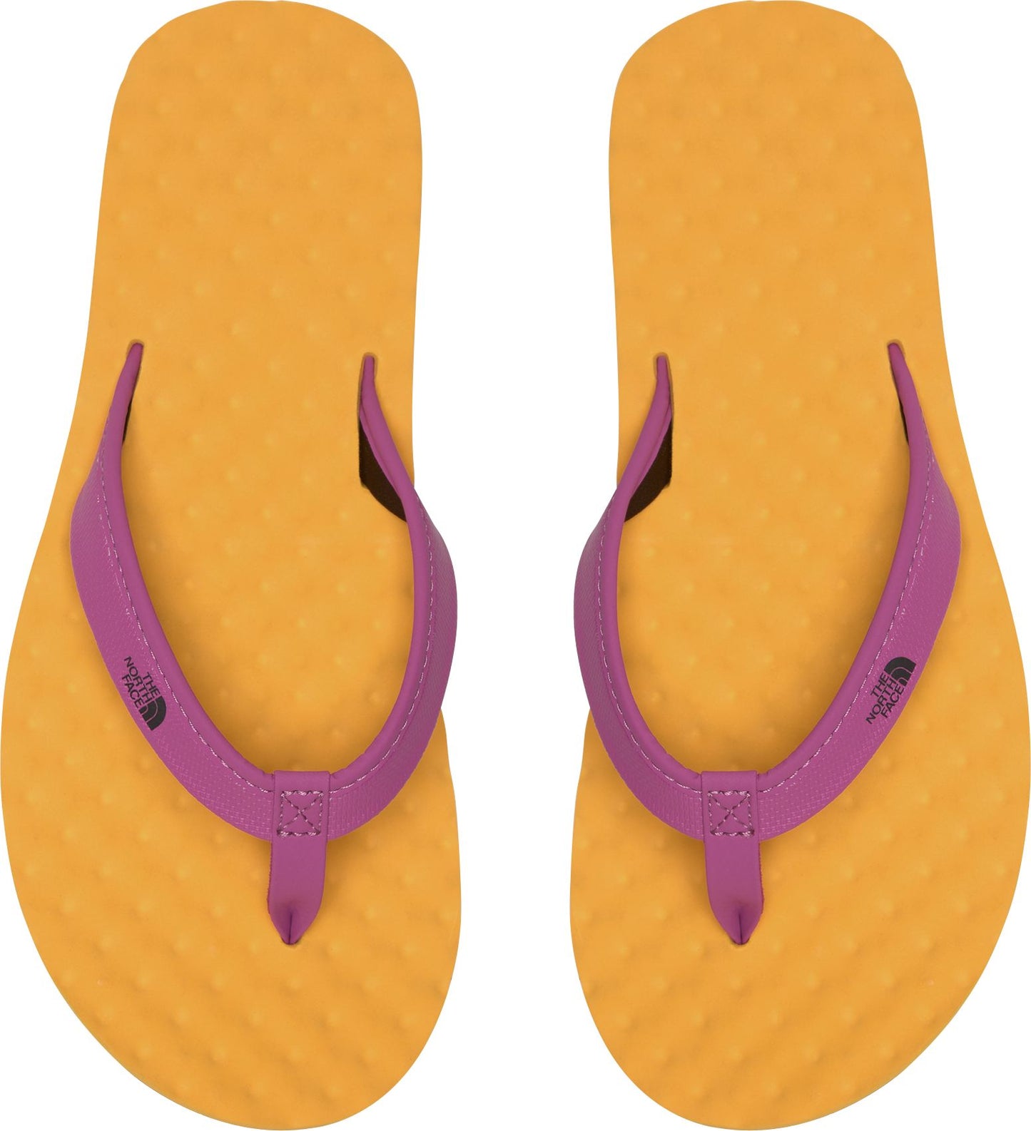 Pair of flip flops, yellow base with purple straps.