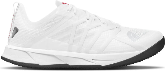White running shoe with a black sole.