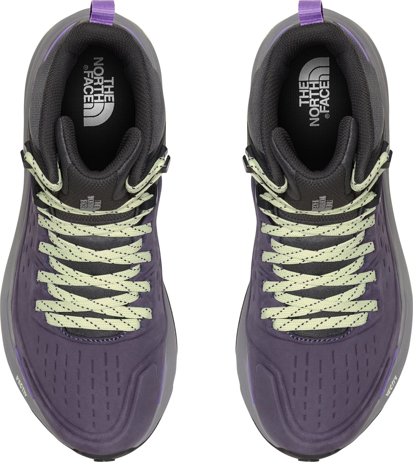 Pair of hiking boots, top view, dark purple upper with green laces, The North Face logo on insole.