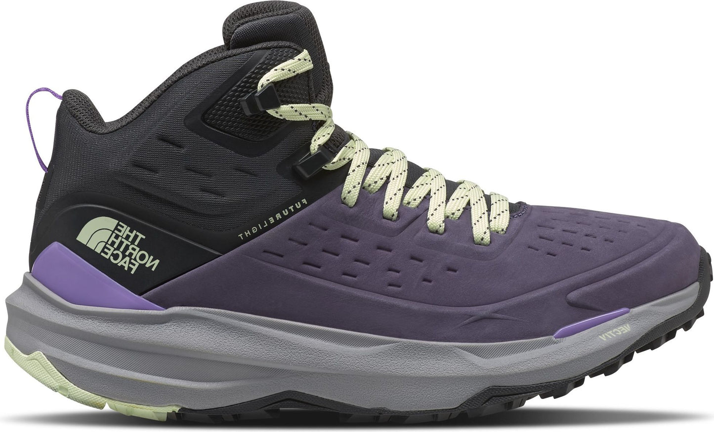 High-top hiking shoe, purple toe box and body, black ankle and heel, gray treaded sole, "THE NORTH FACE" logo on heel.