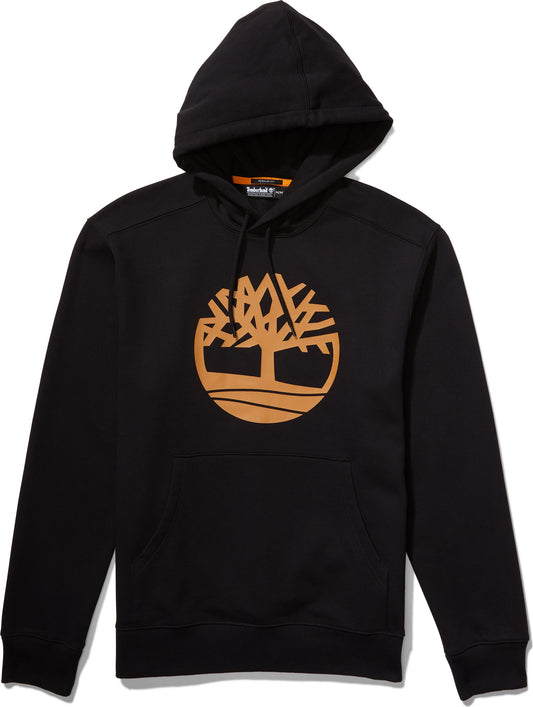 Black hoodie with a circular gold tree logo in the center.