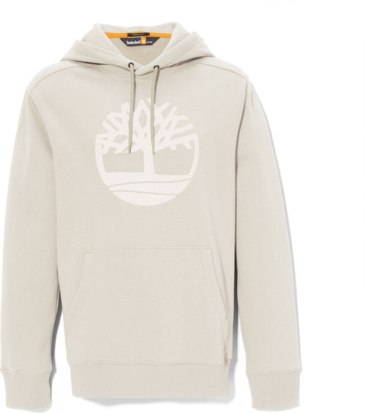Beige hoodie with white tree logo and front pocket.