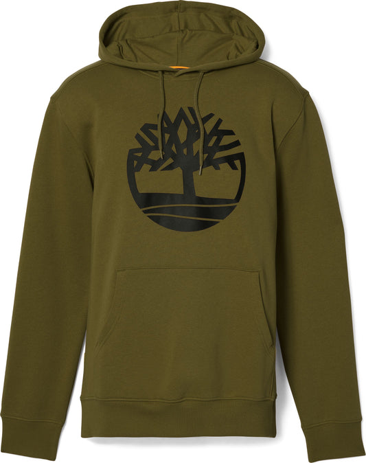 Olive green hoodie with large black tree logo and front pocket.