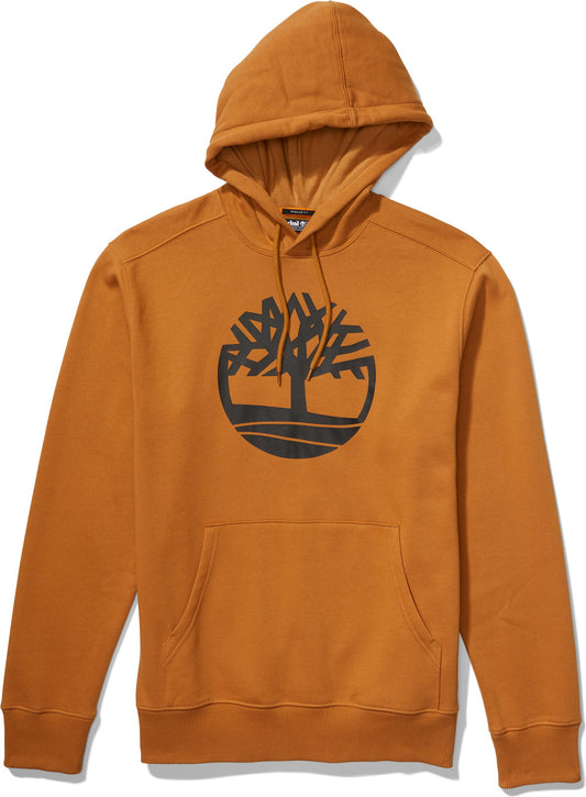 Orange hoodie with a tree logo on the chest.