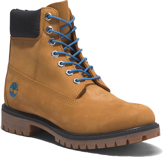 Tan-colored leather boot with blue laces, metal eyelets, and a black padded collar.