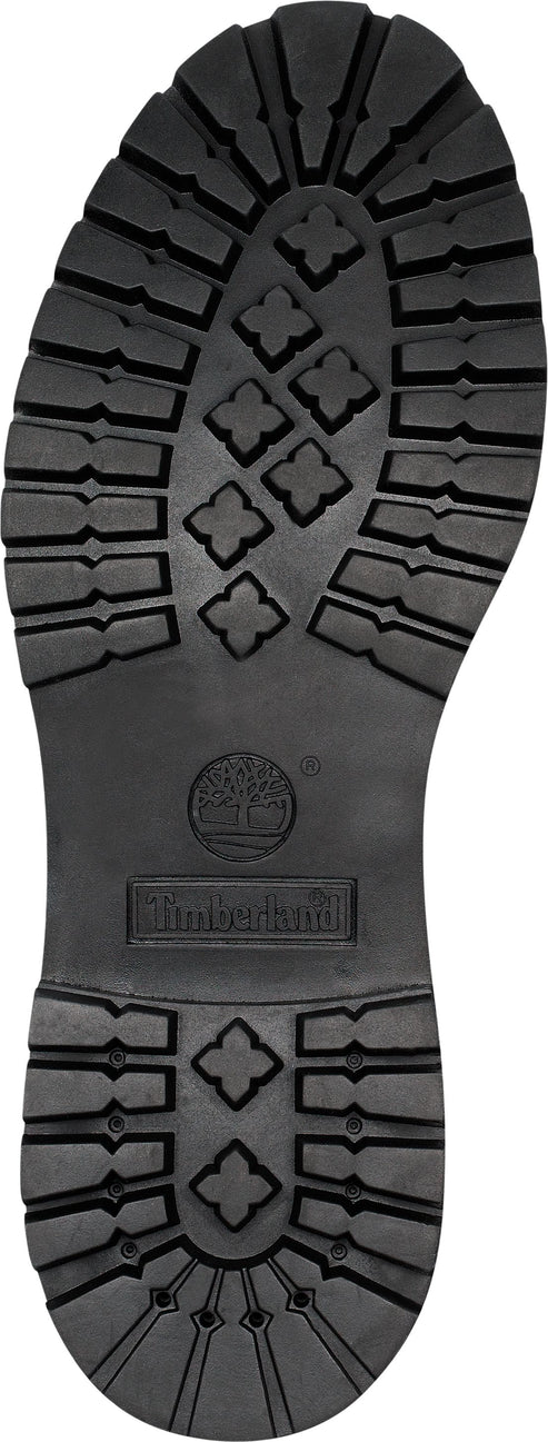 Sole of a black boot with a patterned tread, including the Timberland logo.