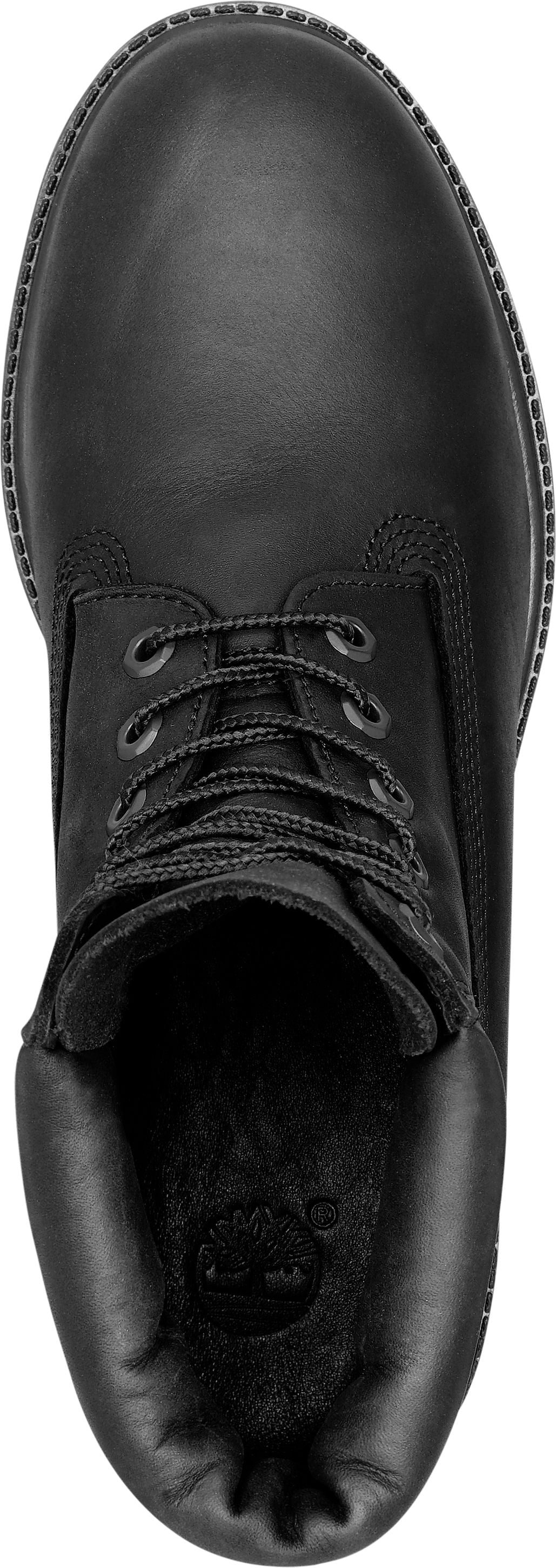 Black leather boot with laces from a top down view.