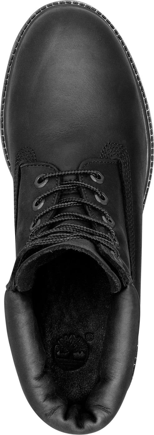 Black leather boot with laces from a top down view.