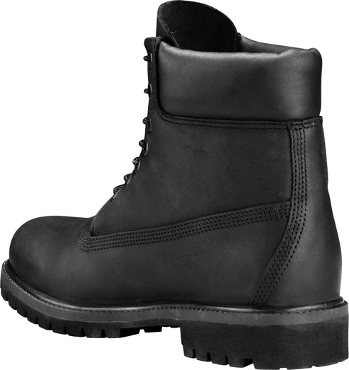 Black leather work boot, lace-up, treaded sole.