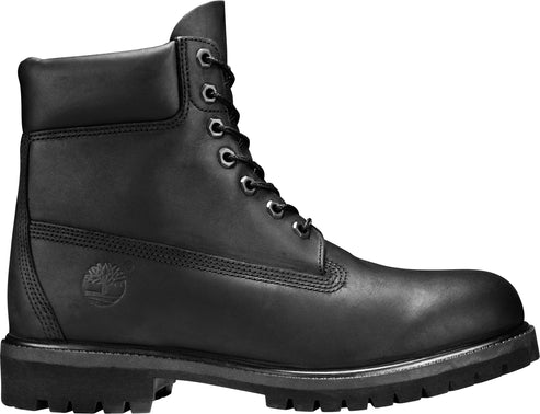 Black leather work boot with silver eyelets and lug sole.