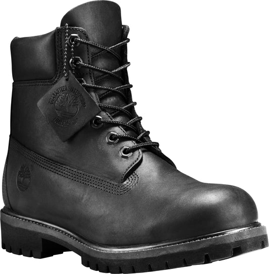 Black leather lace-up work boot with metal eyelets and waterproof tag.