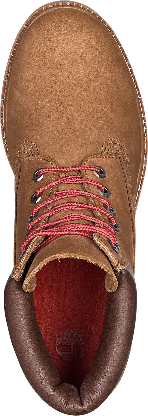 A brown work boot showing red shoelaces and a brown padded collar.