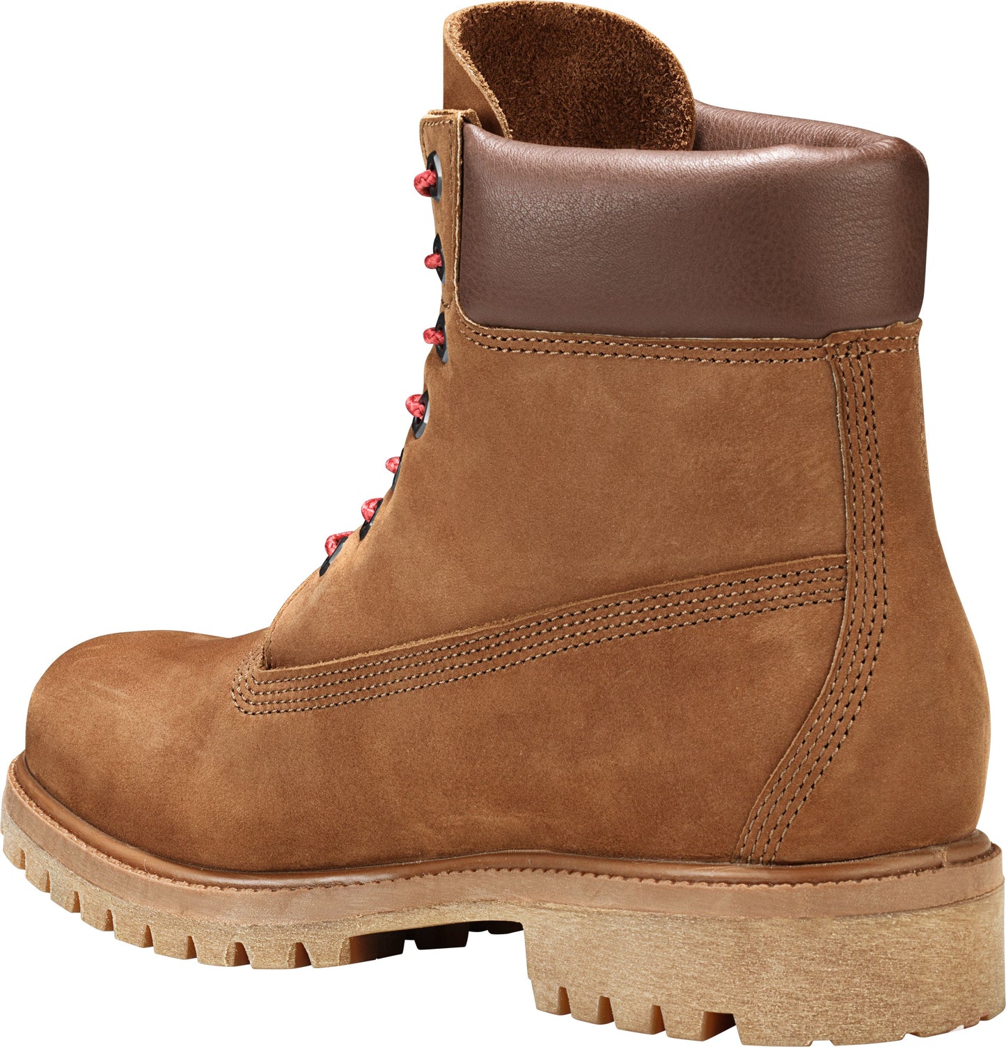 Brown suede lace-up boot with padded collar and thick treaded sole.
