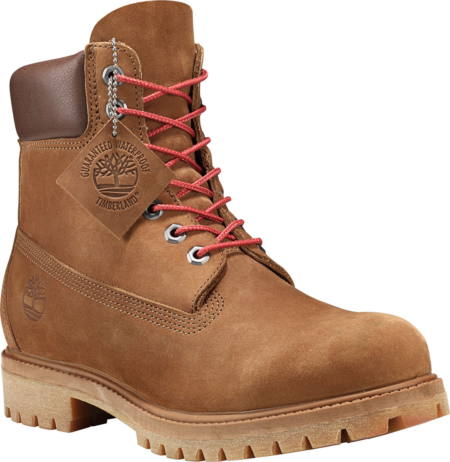 Tan work boot with red laces, a brown padded collar, and a waterproof guarantee tag.