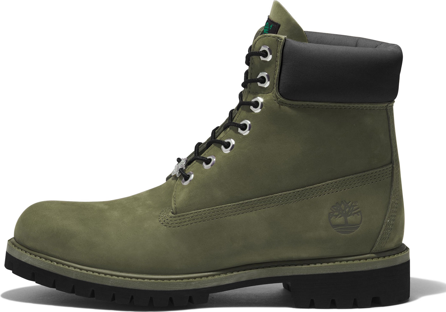 Olive-green leather work boot with black laces, black padded collar, silver eyelets and a chunky black lug sole.