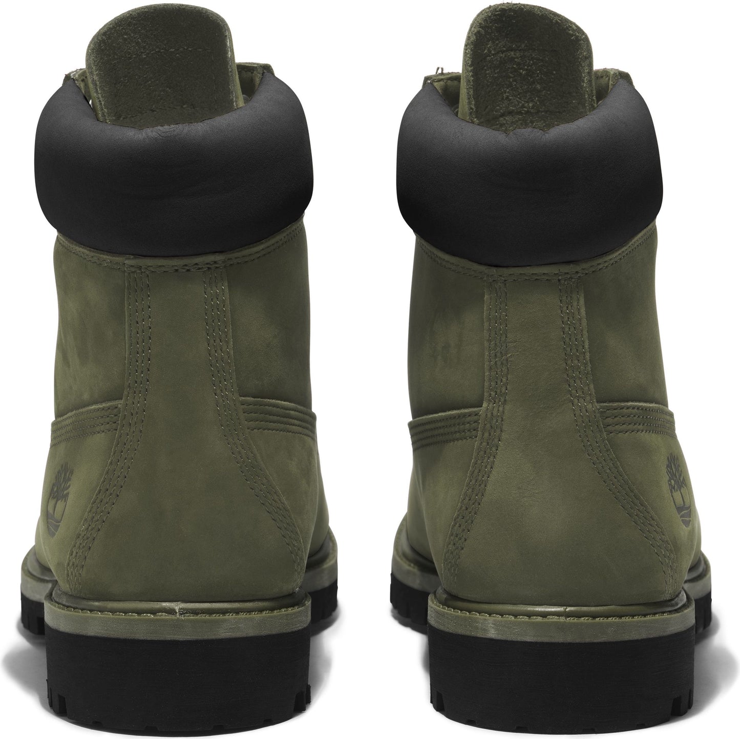 Rear view of olive green leather boots with black padded collars and soles.