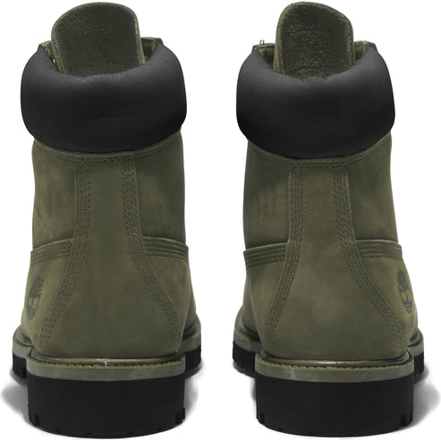 Rear view of olive green leather boots with black padded collars and soles.