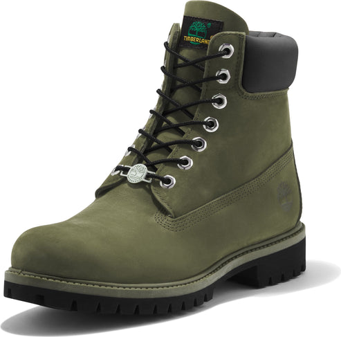 Olive-green leather work boot with black laces, silver eyelets, dark gray padded collar, and a black sole.