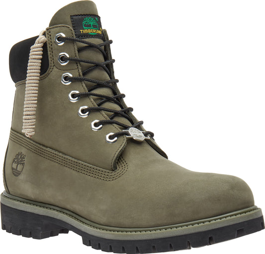 Olive green leather boot with black laces, silver eyelets, and a tan cord detail at the back of the ankle.