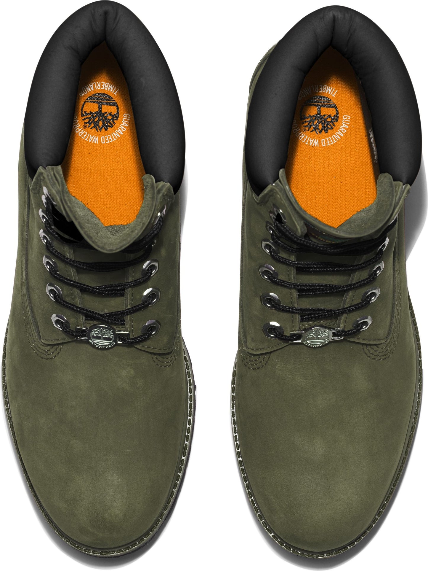 Top-down view of olive-green nubuck leather boots with black padded collars and black laces.