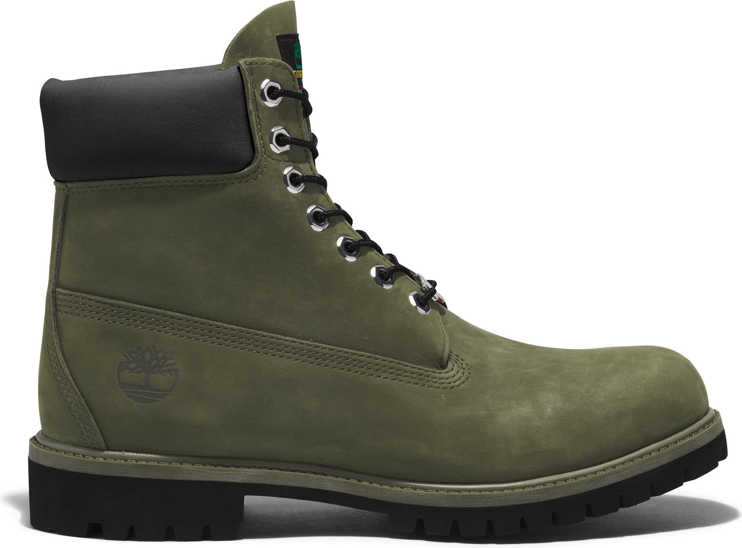 Olive-green work boot with a black collar, black laces, and black lug sole.