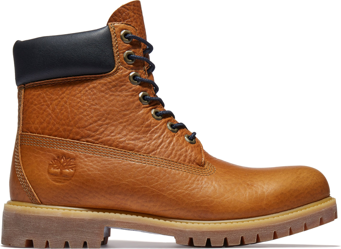 Brown leather work boot with a black padded collar and a thick lug sole.