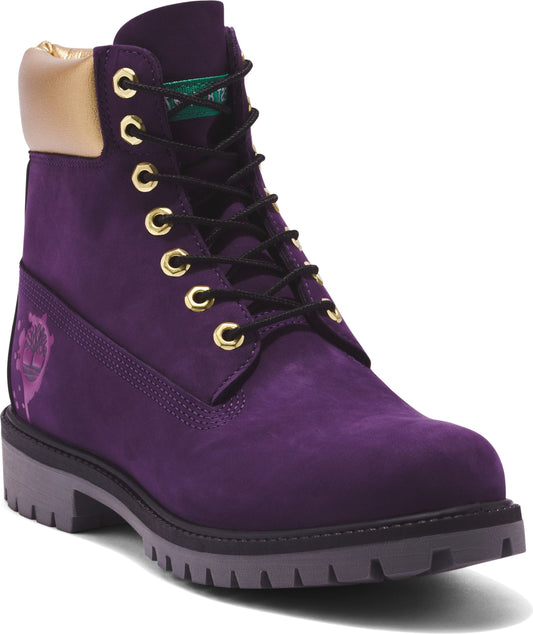 Purple suede boot with gold eyelets, black laces, gold padded cuff and gray sole.