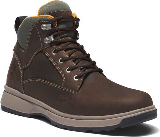 Brown leather ankle boot with laces and a gray and beige sole.