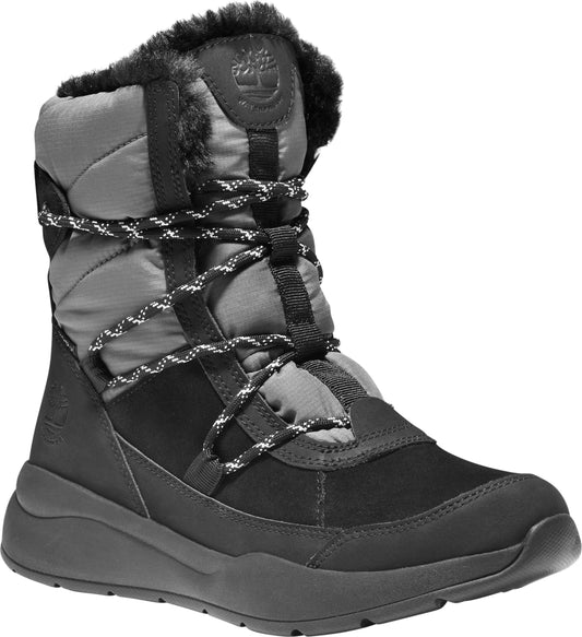 High-top gray and black snow boot with faux fur and laces.