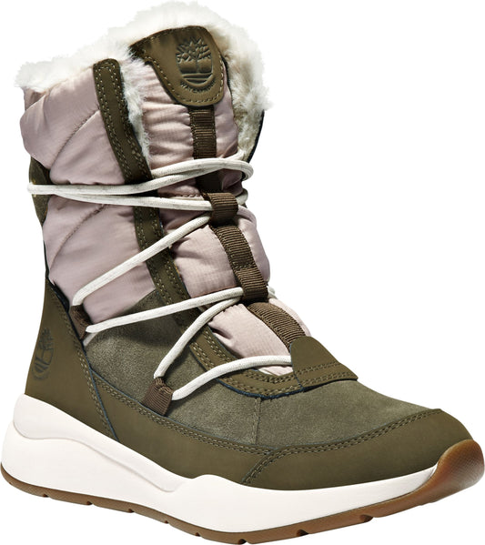 Khaki quilted boot with white fur trim and lace-up closure.