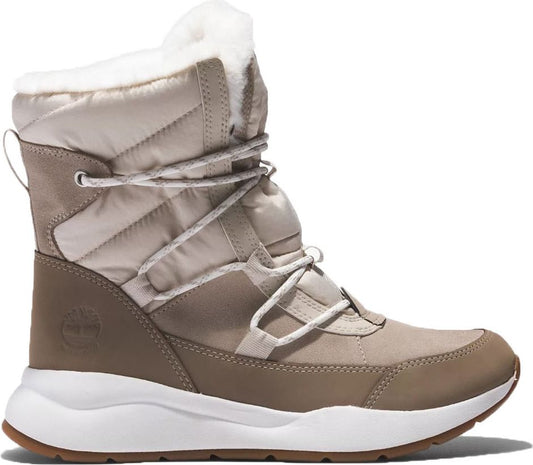 Beige quilted tall sneaker boot with white faux fur lining and white laces.