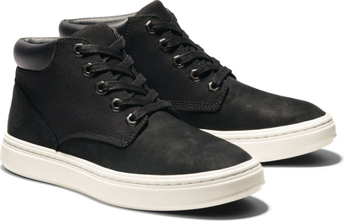 Pair of black, ankle-high sneakers with white rubber soles.