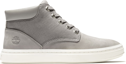 Gray high-top shoe with white sole and laces.