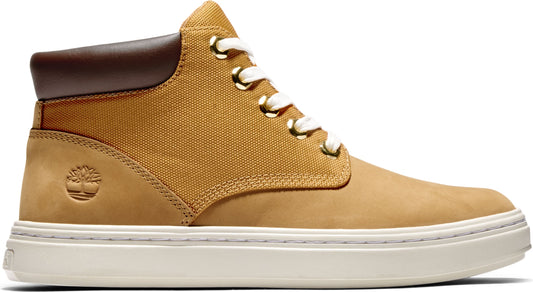 Tan ankle-high sneaker with white laces and white rubber sole, with brown padded collar.