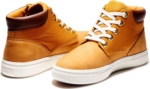 Pair of tan high-top sneakers with white laces and soles.